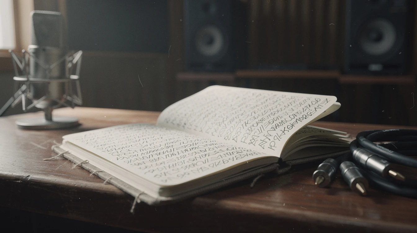 Anteckningsbok med musikproduktionstermer i hemmastudio