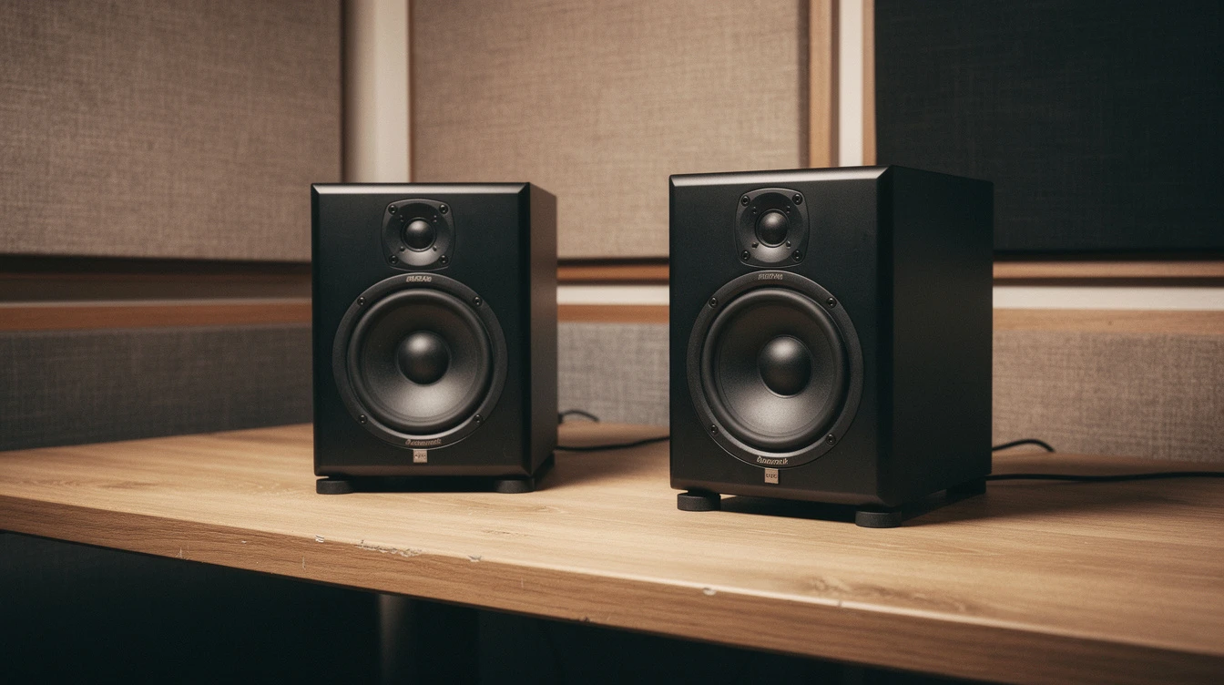 Studiomonitorer i en hemmastudio med akustikpaneler och mixerbord